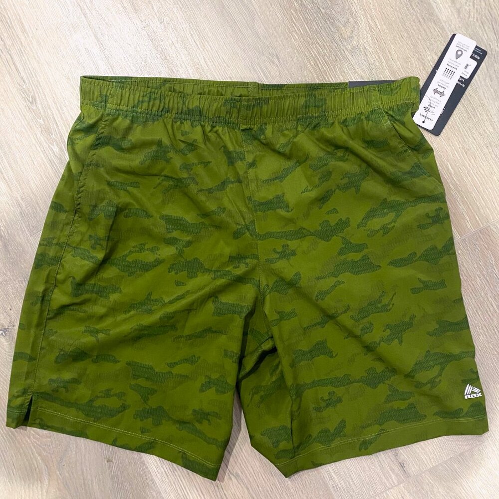 RBX Mens Shorts L Training Performance Flat Front Classic Fit Active Olive Camo‎